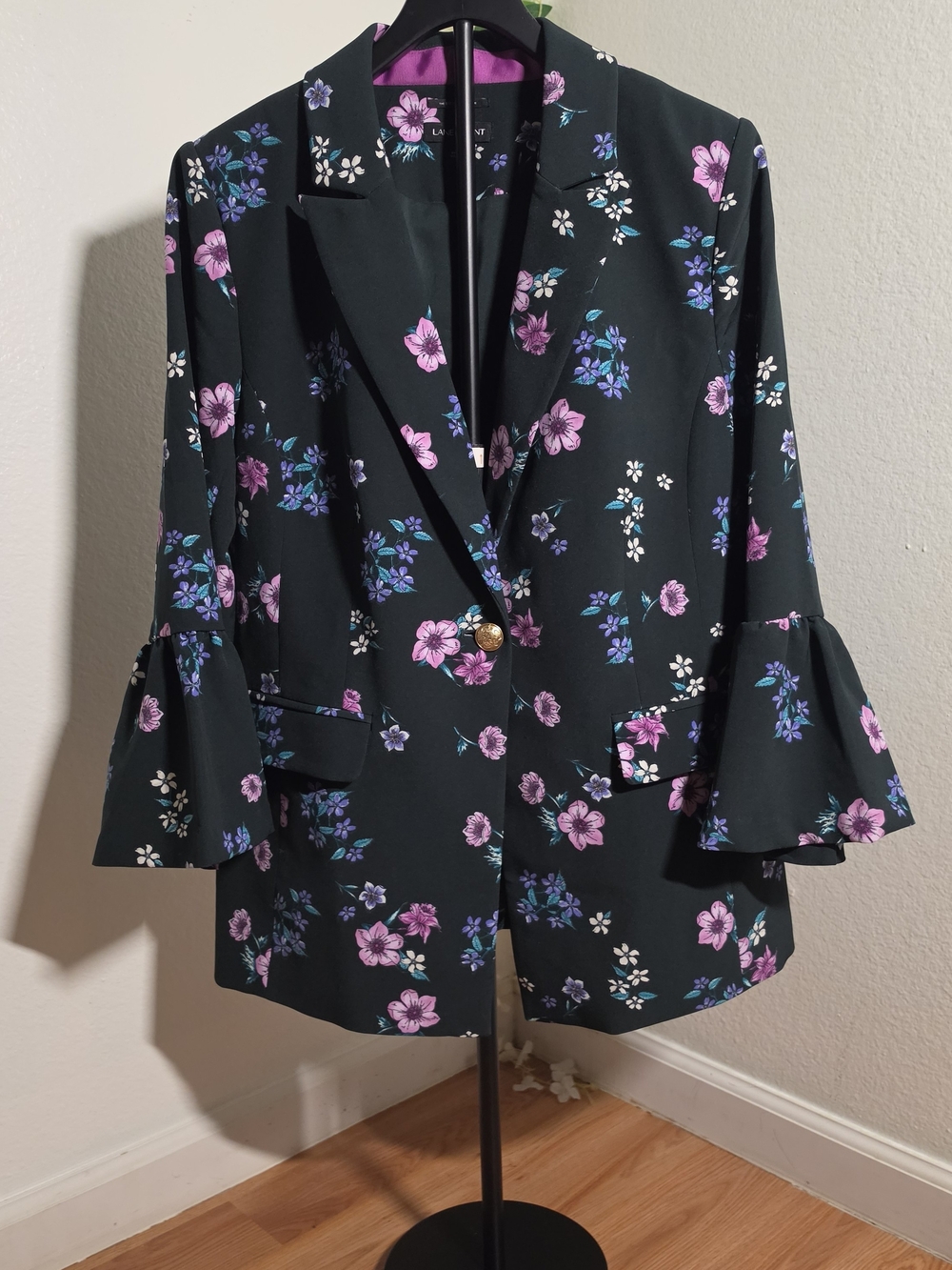 Lane Bryant Black Floral Blazer with Pink & Purple Flowers